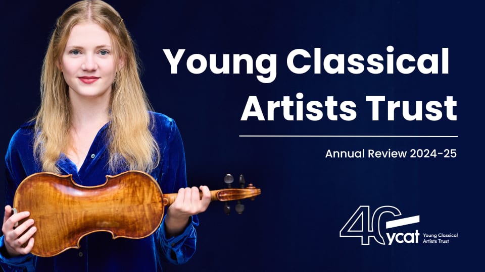 Annual Report front cover featuring Charlotte Spruit holding her violin on a navy background